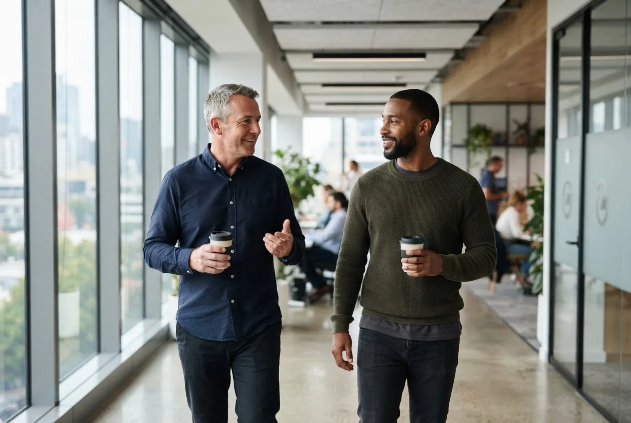 A manager and team member talking while walking through the office