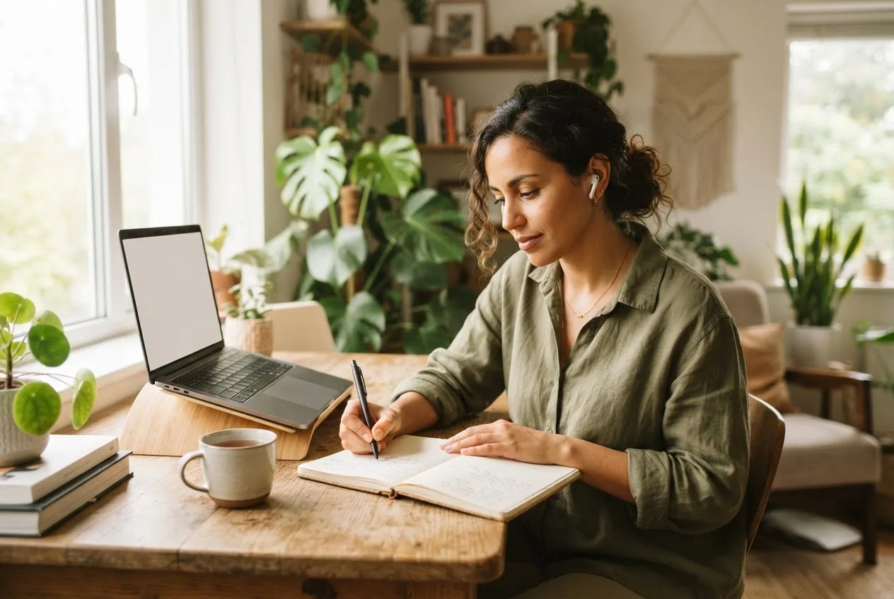 A professional working at a desk in a bright home office