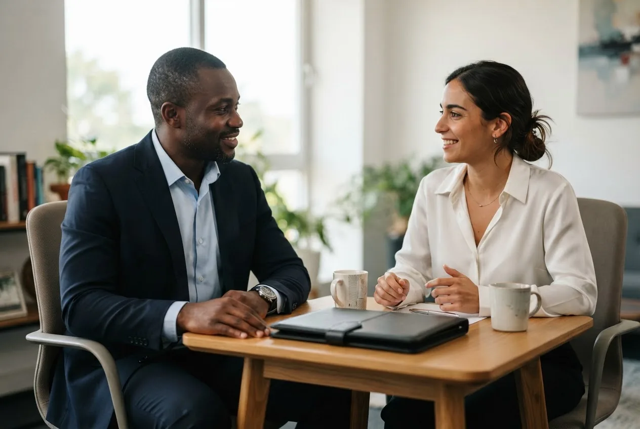 Two professionals discussing employment terms across a table