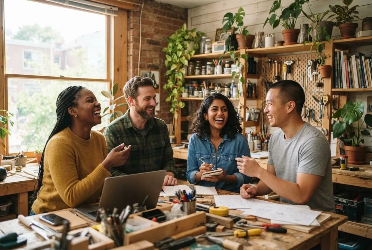 A small, diverse team sharing a laugh in a sunlit office