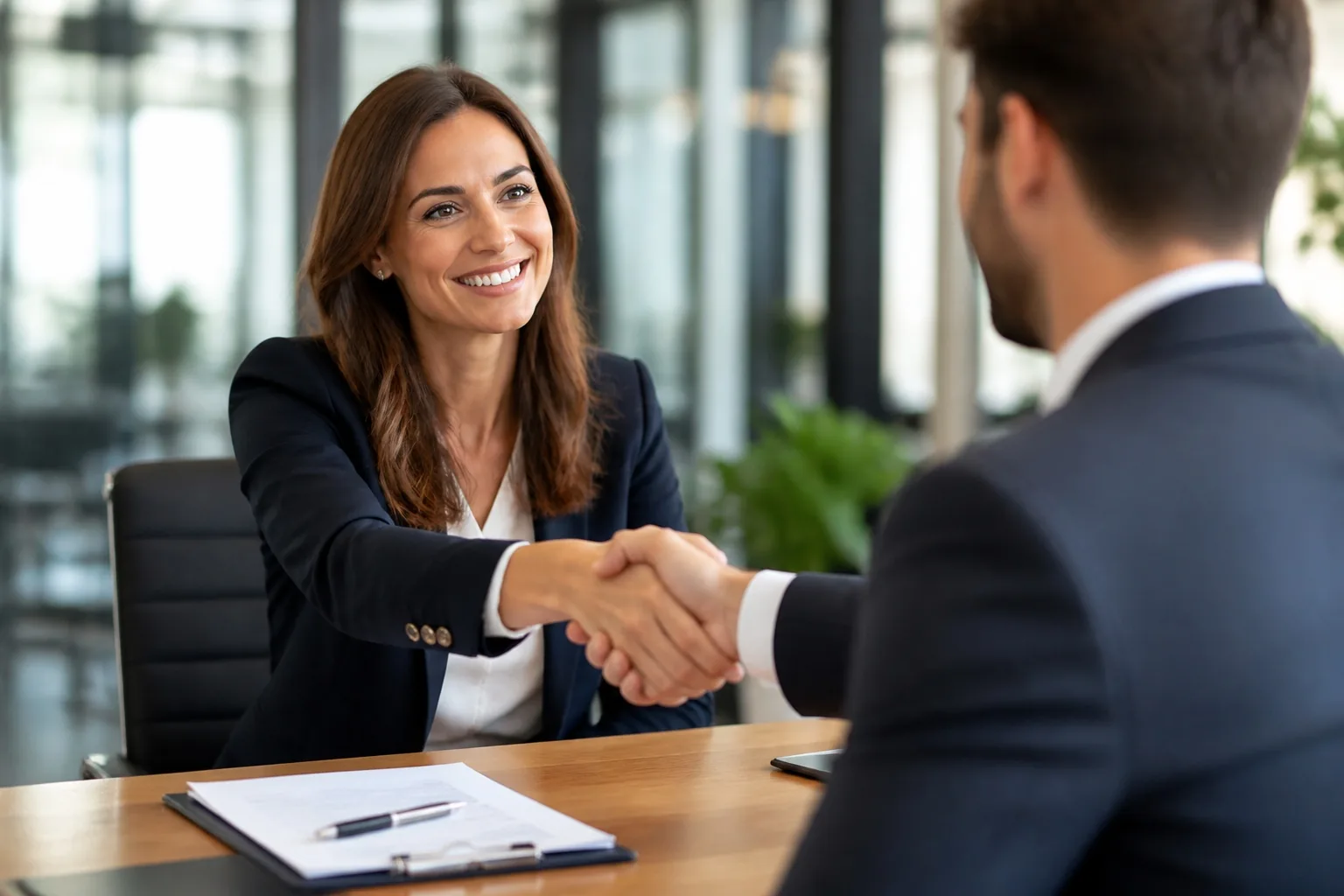 A recruitment consultant shaking hands with a client across a desk.