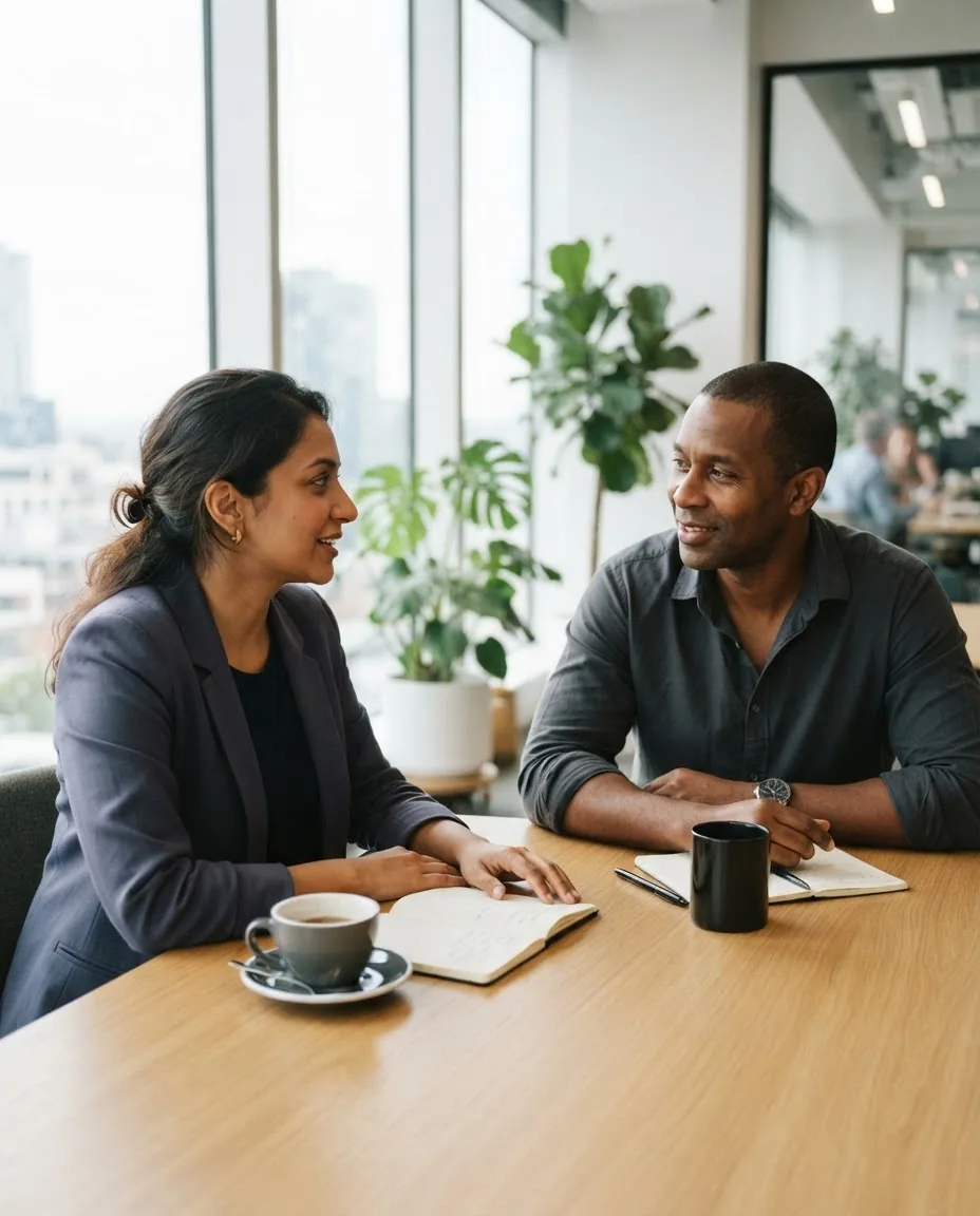 Two colleagues in conversation at a table beside a window.