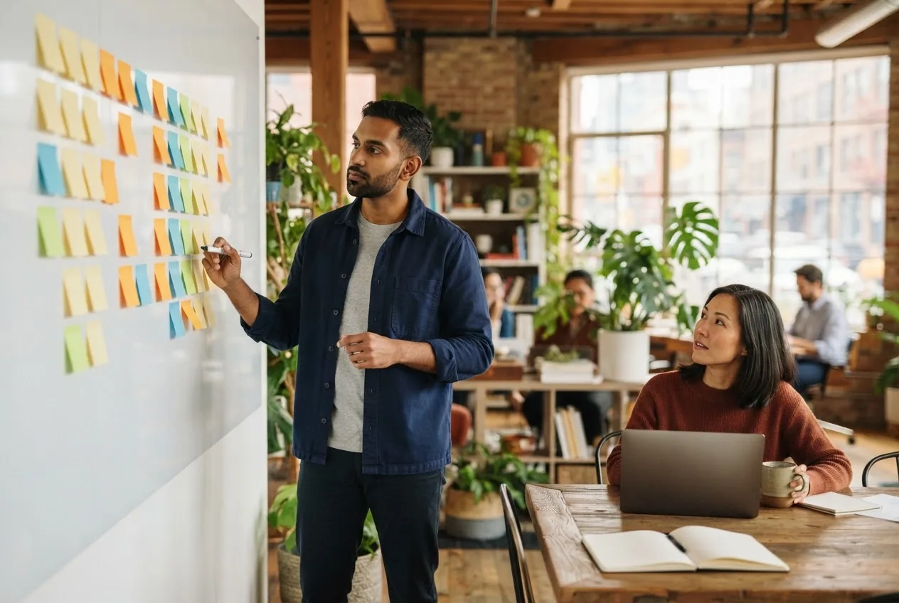 A business owner thinking at a whiteboard while a colleague listens