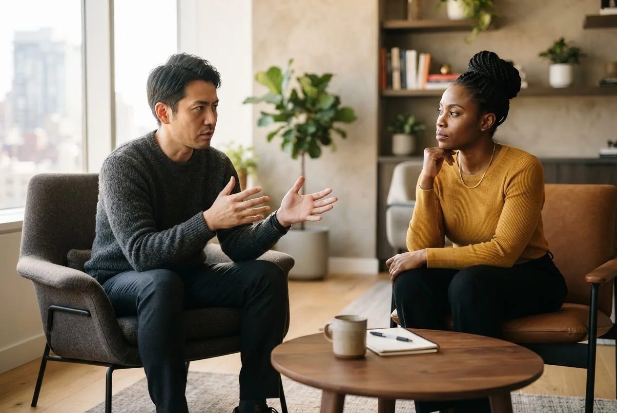 Two business partners weighing up options in a quiet office lounge