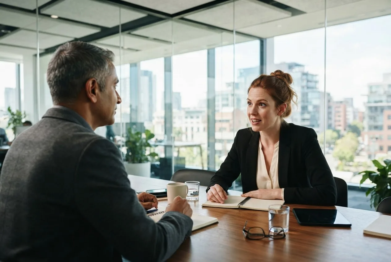 A candidate asking a question across the table during an interview