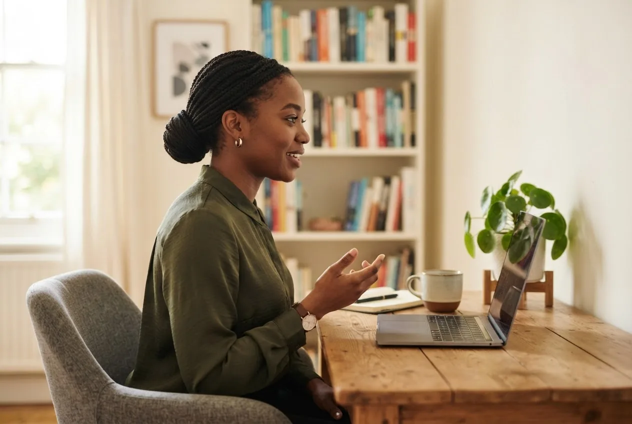 A candidate speaking to an interviewer through a laptop in a home study
