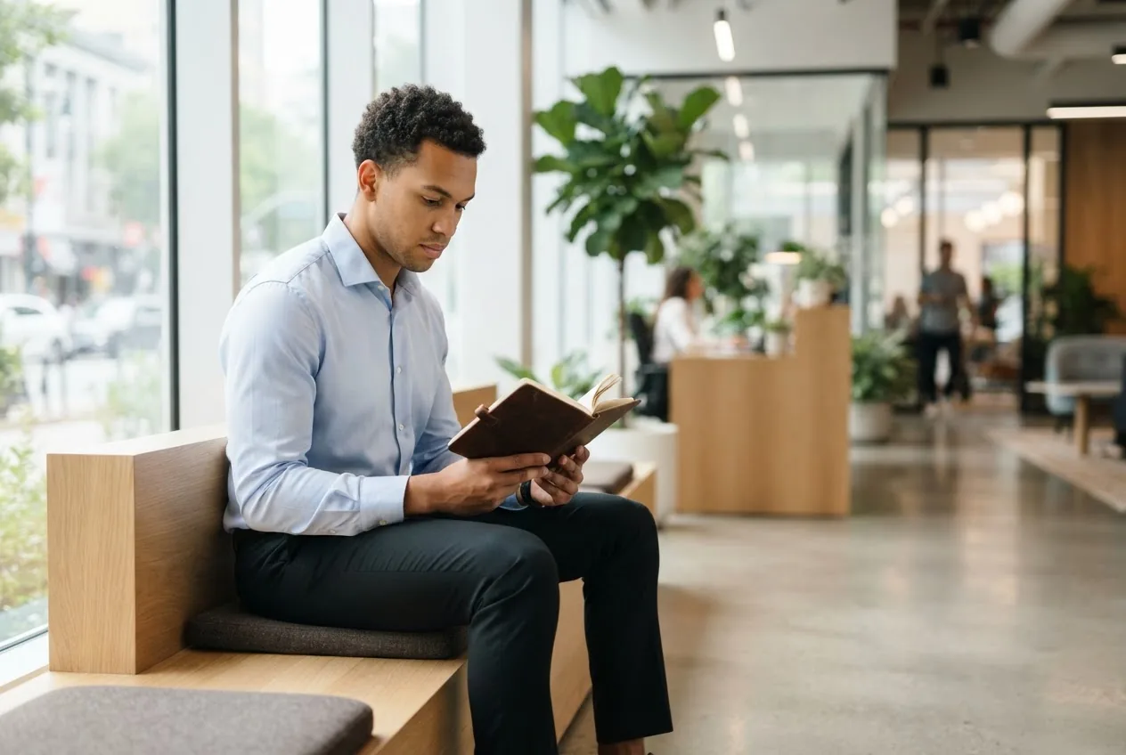 A candidate reviewing notes in an office reception before an interview