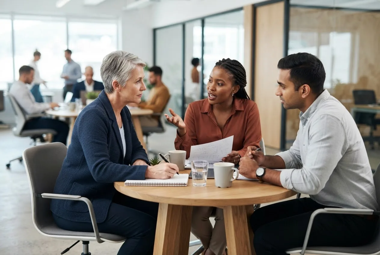 Three colleagues discussing a hiring brief around a meeting table
