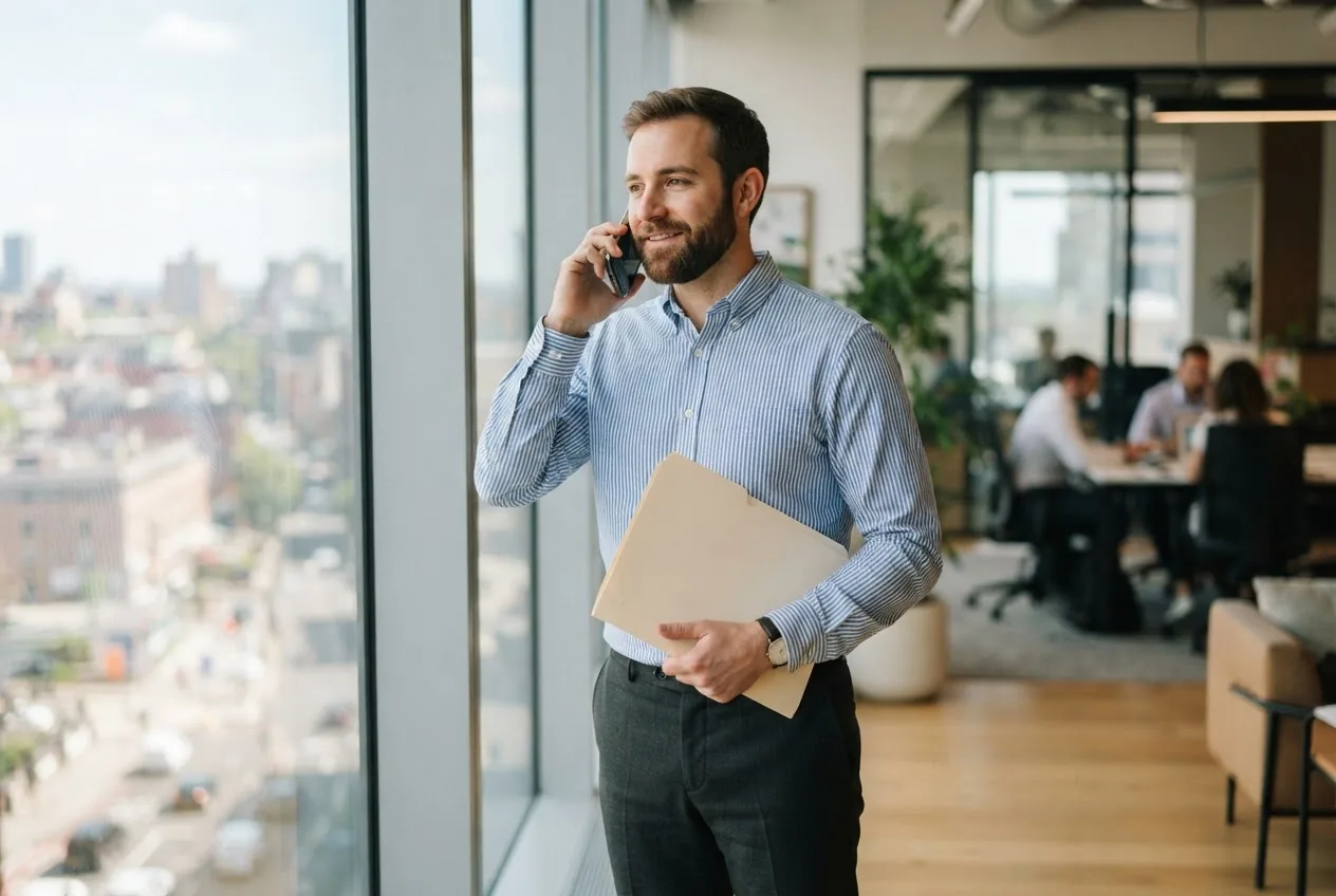 A hiring manager giving feedback on a phone call by an office window