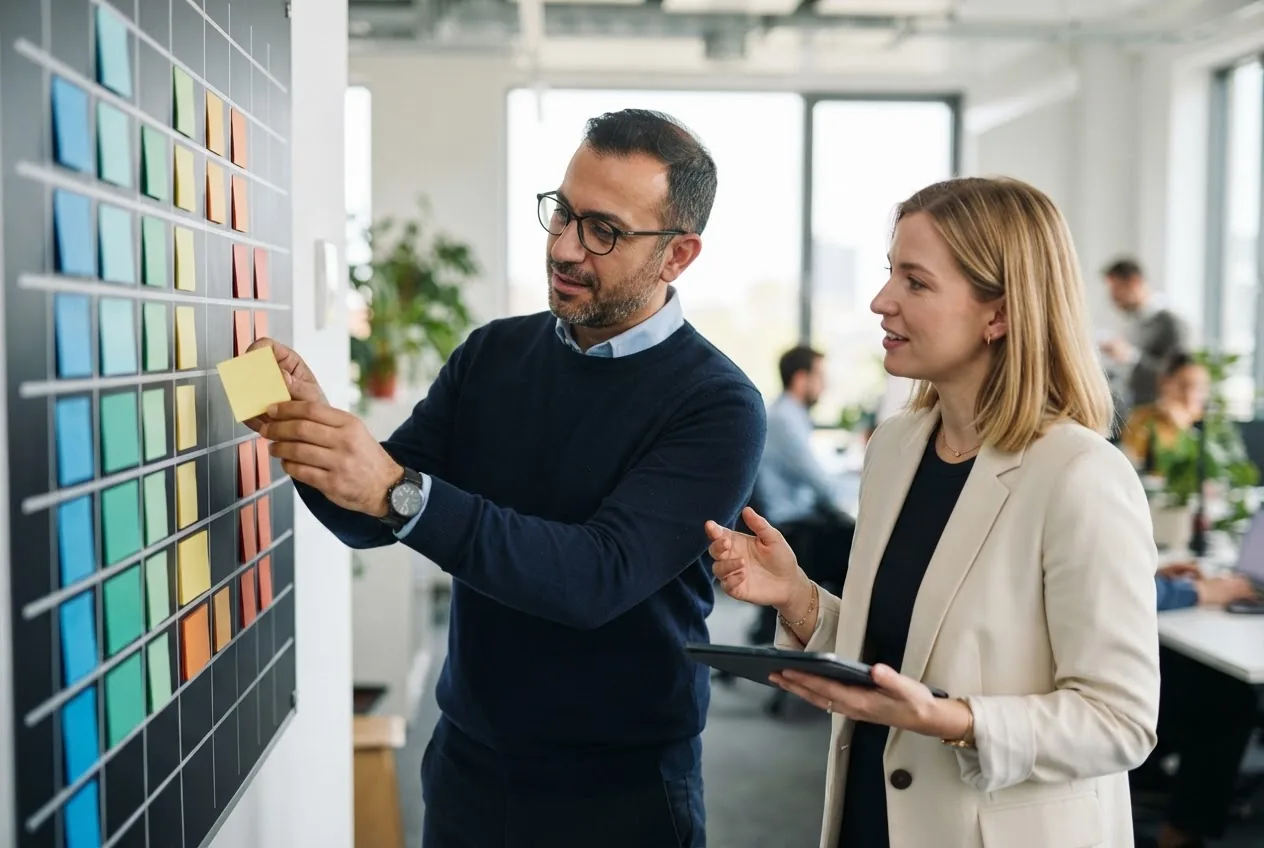 A manager and HR partner adjusting a planning board together