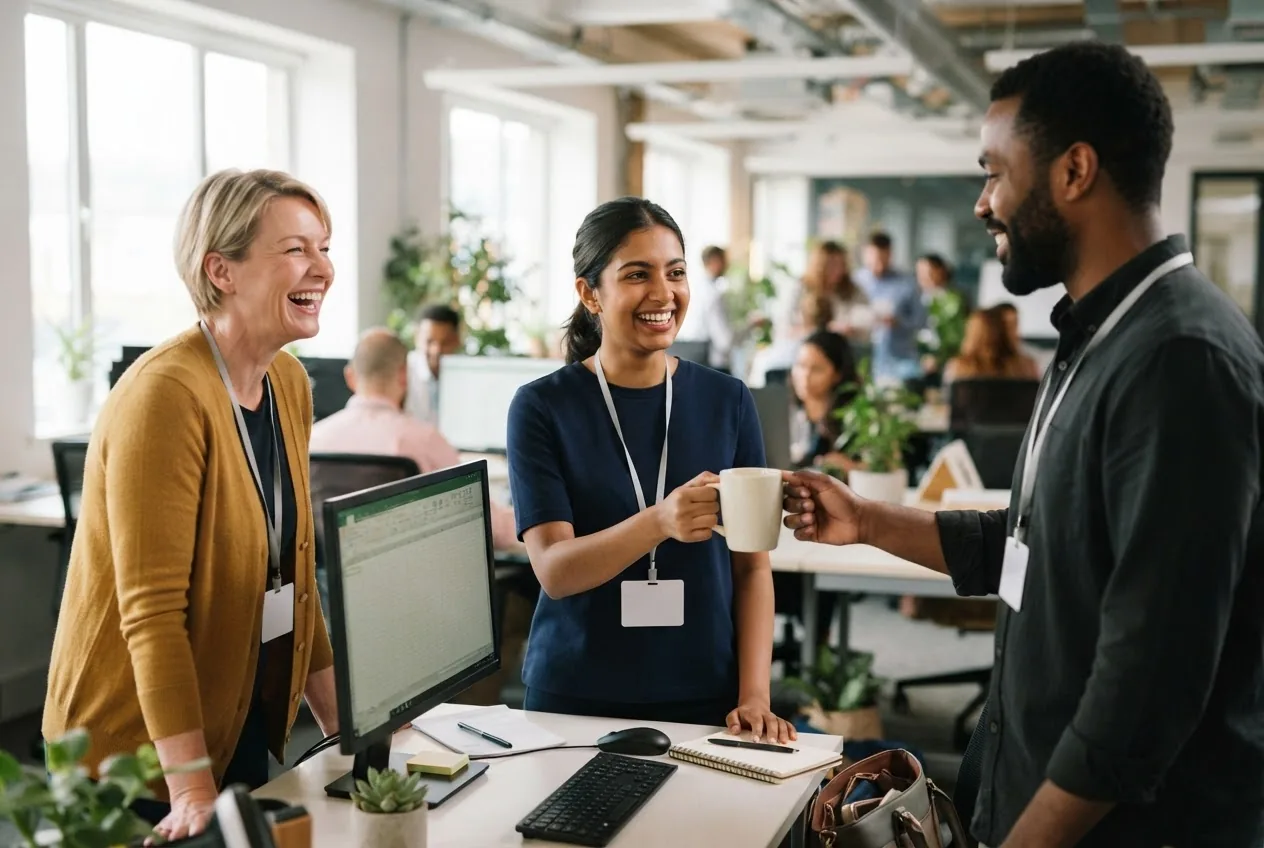 A new employee being welcomed at her desk by two colleagues