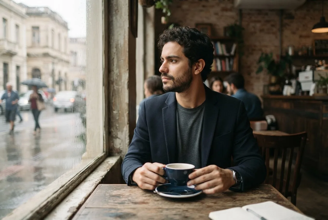 A professional looking out of a cafe window, considering a decision