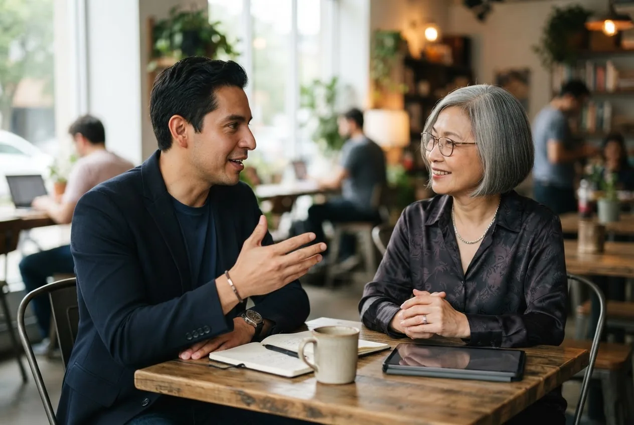 A professional discussing career options with an experienced mentor