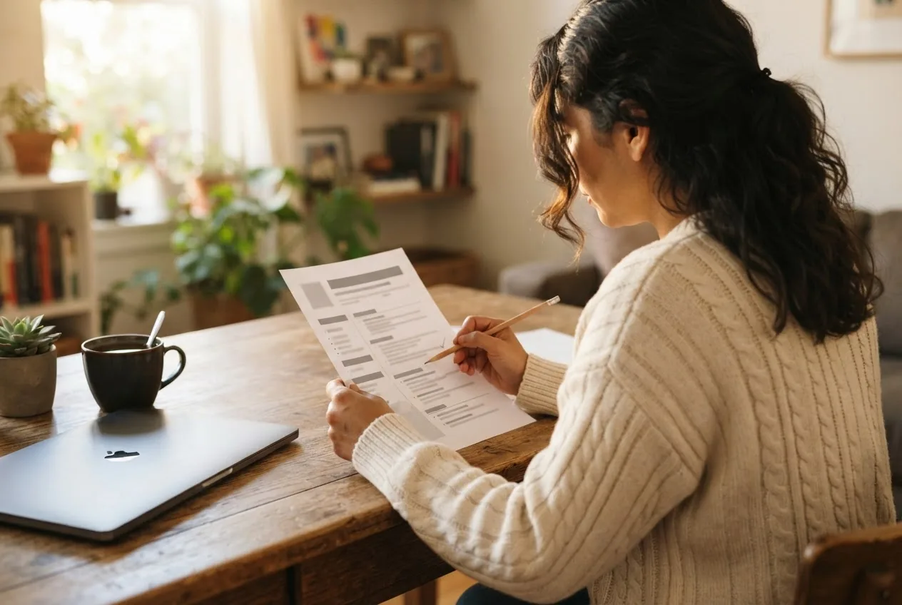 A professional reviewing a printed CV at a desk at home
