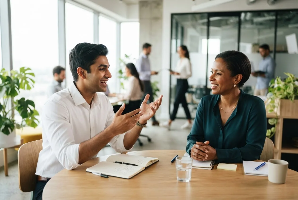 A recent graduate explaining an idea to an interviewer