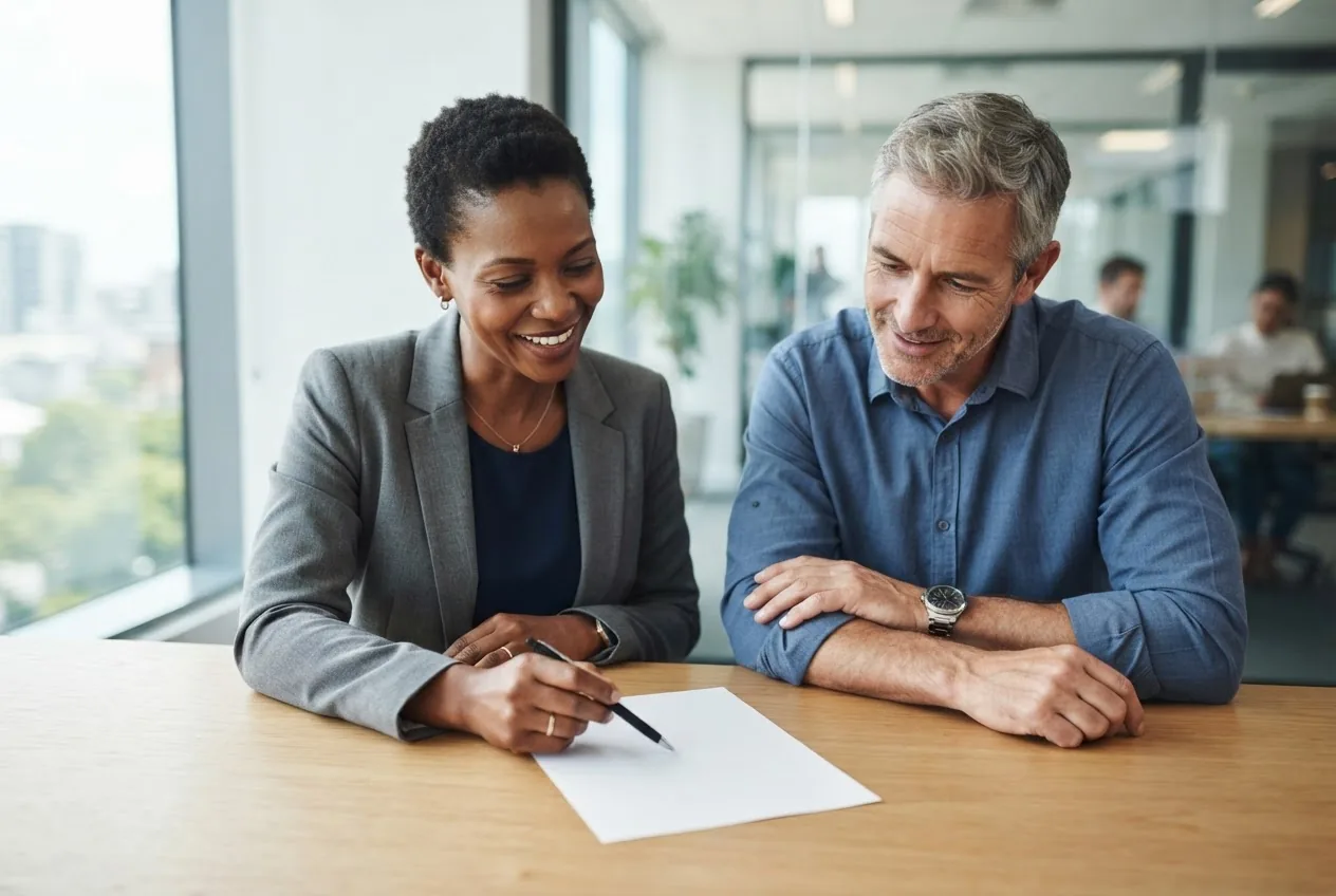 A recruiter and hiring manager reviewing a role description together at a table