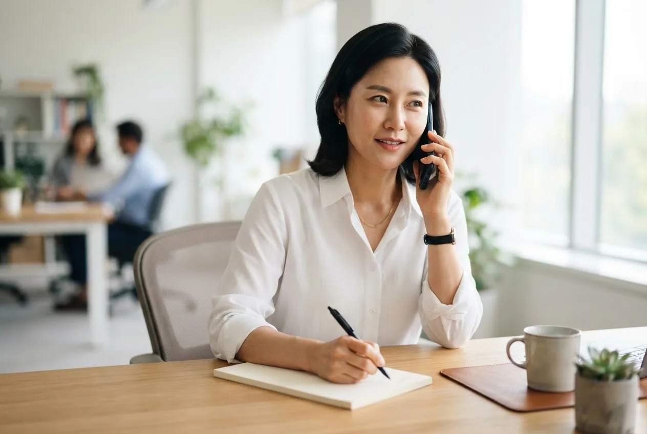A recruiter taking notes during a professional phone call