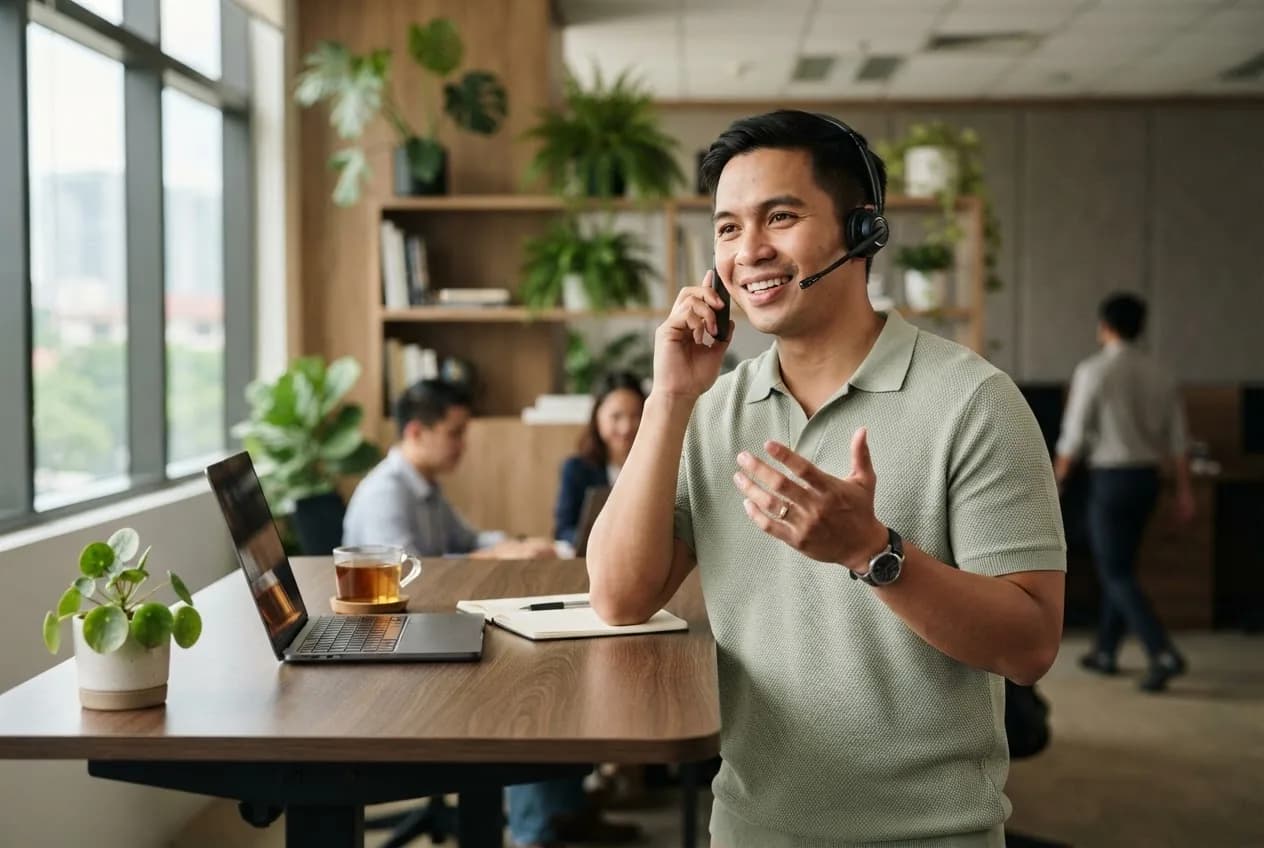 A recruiter wearing a headset updating a candidate on a call