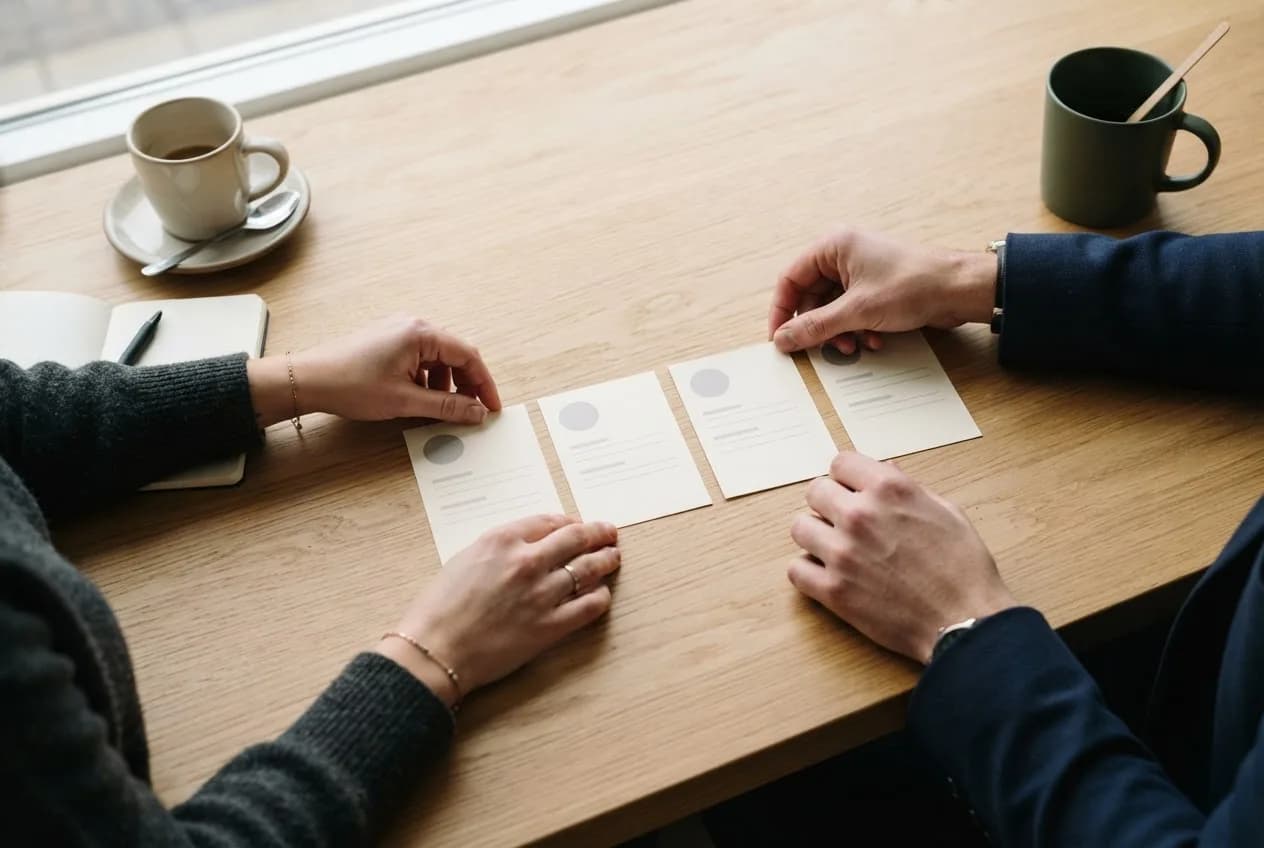Recruiters arranging candidate profile cards on a table