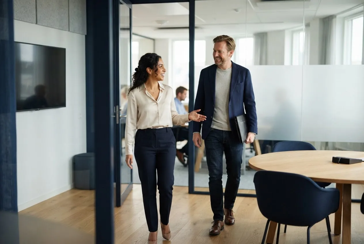 A recruitment consultant welcoming a client into a meeting room