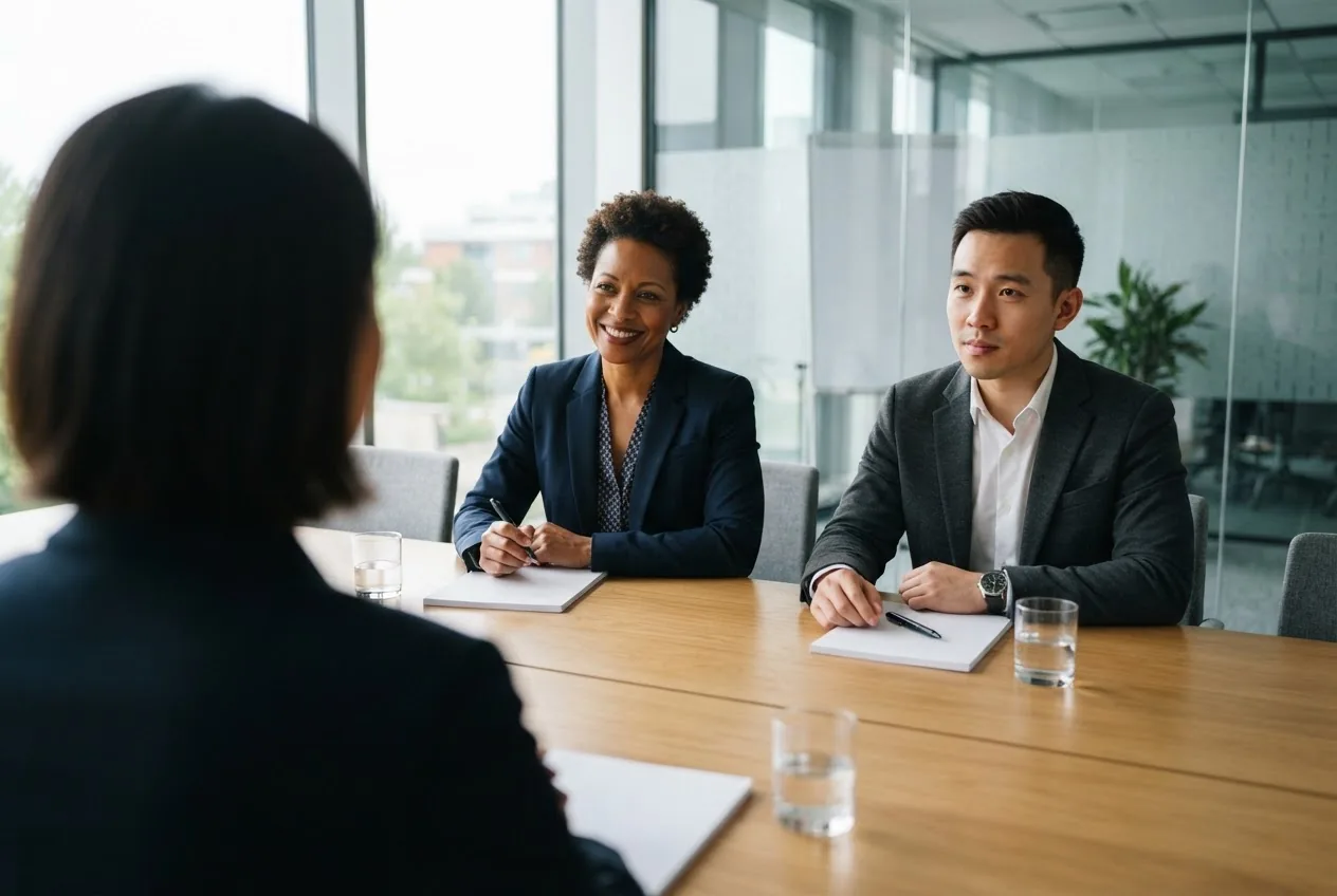 A two-person interview panel listening to a candidate