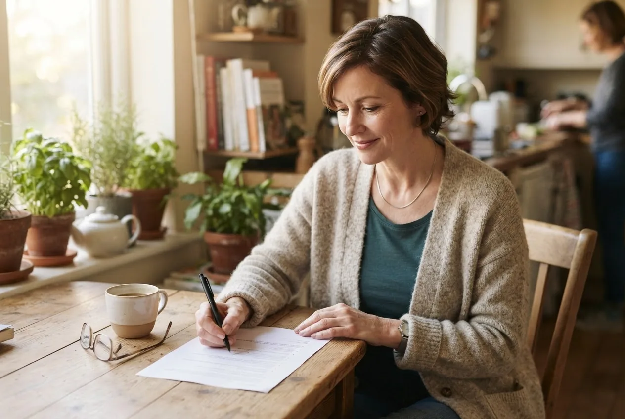 A woman updating her CV at a kitchen table in morning light