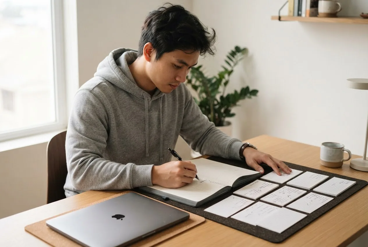 A young professional organising job applications with a planner and cards